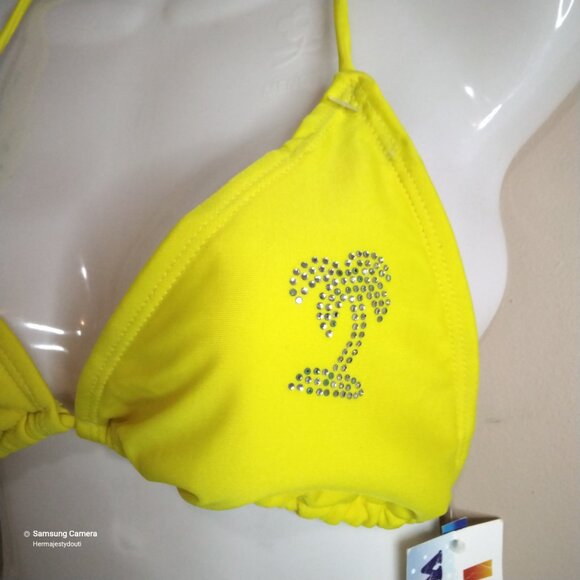 Rampage Swim Yellow String Bikini Set Left Silver Rhinestone Palm Tree NWT L - Picture 2 of 5